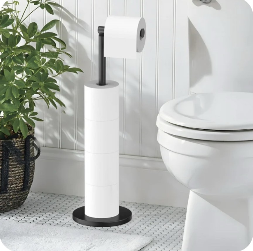 Kusmil Free Standing Toilet Paper Holder Stand, Black Toilet Paper Holder Stainless Steel Rustproof Tissue Roll Holder Floor Stand Storage for Bathroom