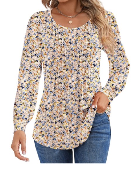 Shine Up Floral Blouses for Women Pleated Long Sleeve Shirts Casual Crewneck Tunic Tops