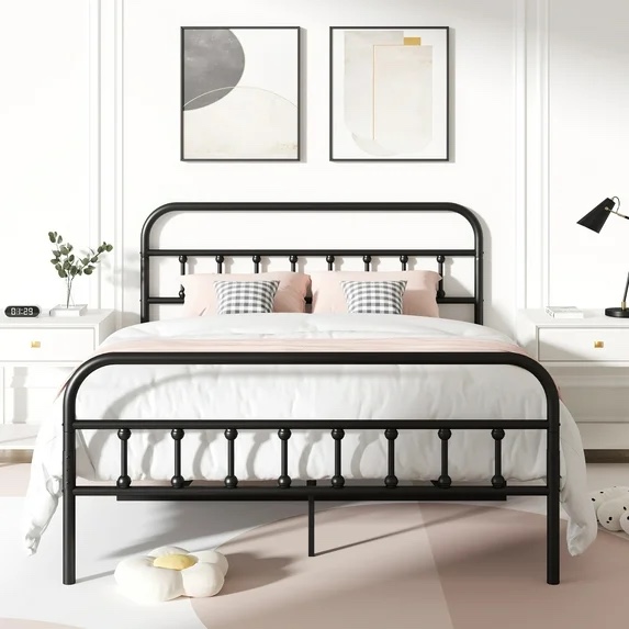 UHOMEPRO Queen Platform Bed Frame with Headboard, Metal Queen Size Bed Frame for Adults Teens, Rustic Vintage Queen Bed Frame Bedroom Furniture, No Box Spring Needed, Black