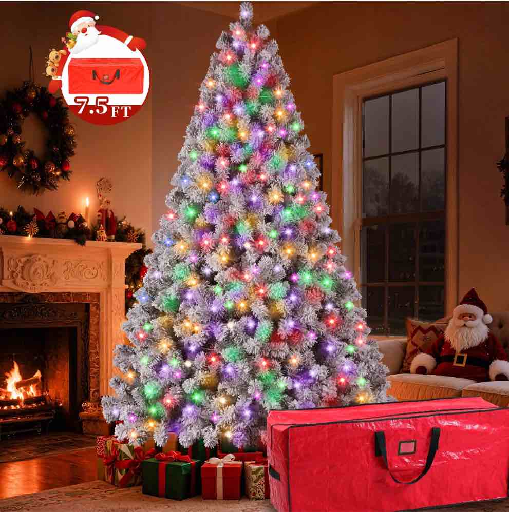 Yexmas 6FT Pre-Lit Snow Flocked Christmas Tree,Artificial White Christmas Tree with Large Christmas Tree Storage Bag,11 Modes Warm White & Multicolor LED Lights for Xmas Decoration