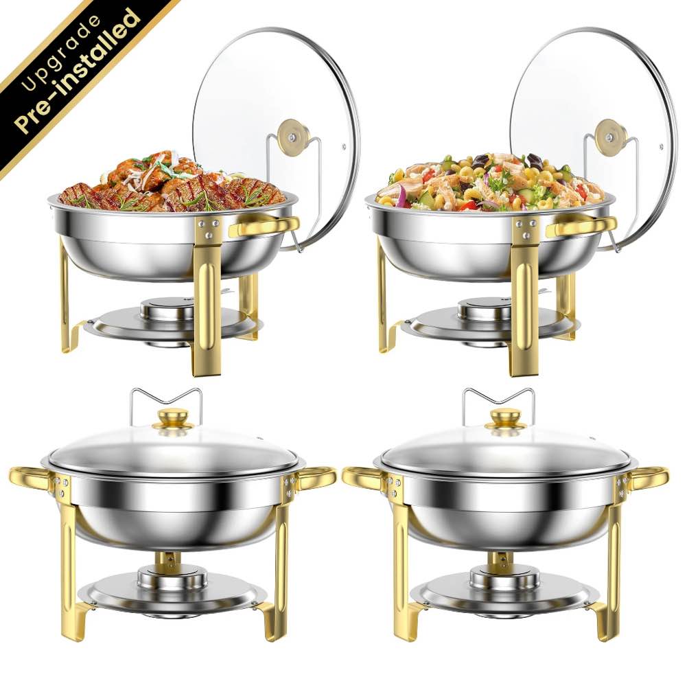 Chafing Dish Buffet Set 4 Pack: TINANA 5QT Stainless Steel Chafing Dishes with Glass Lid & Lid Holder, Round Food Warmers for Parties, Events, Wedding-Gold