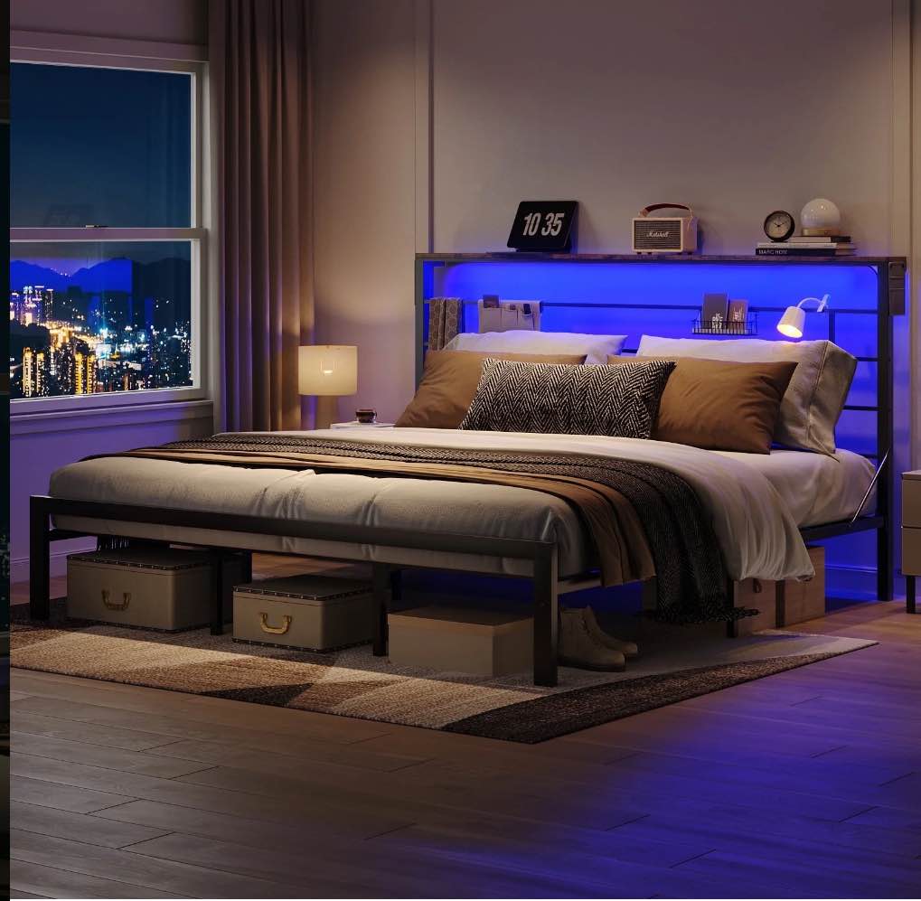 Bestier King Size Bed Frame with 49.2" High LED Storage Headboard Shelf, Metal Platform Bed, Black