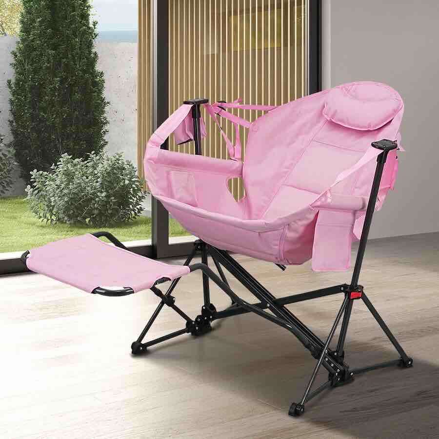 Ainfox Foldable, Portable Rocking Camping Chairs with Footrest, Cup Holder, Pillow, ***PINK