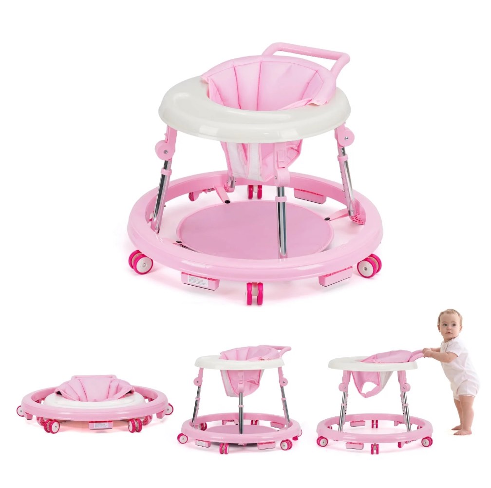 aby Walker, One-Touch Folding Adjustable Height with Wheels Non-Slip  for 6-18 Months,Pink