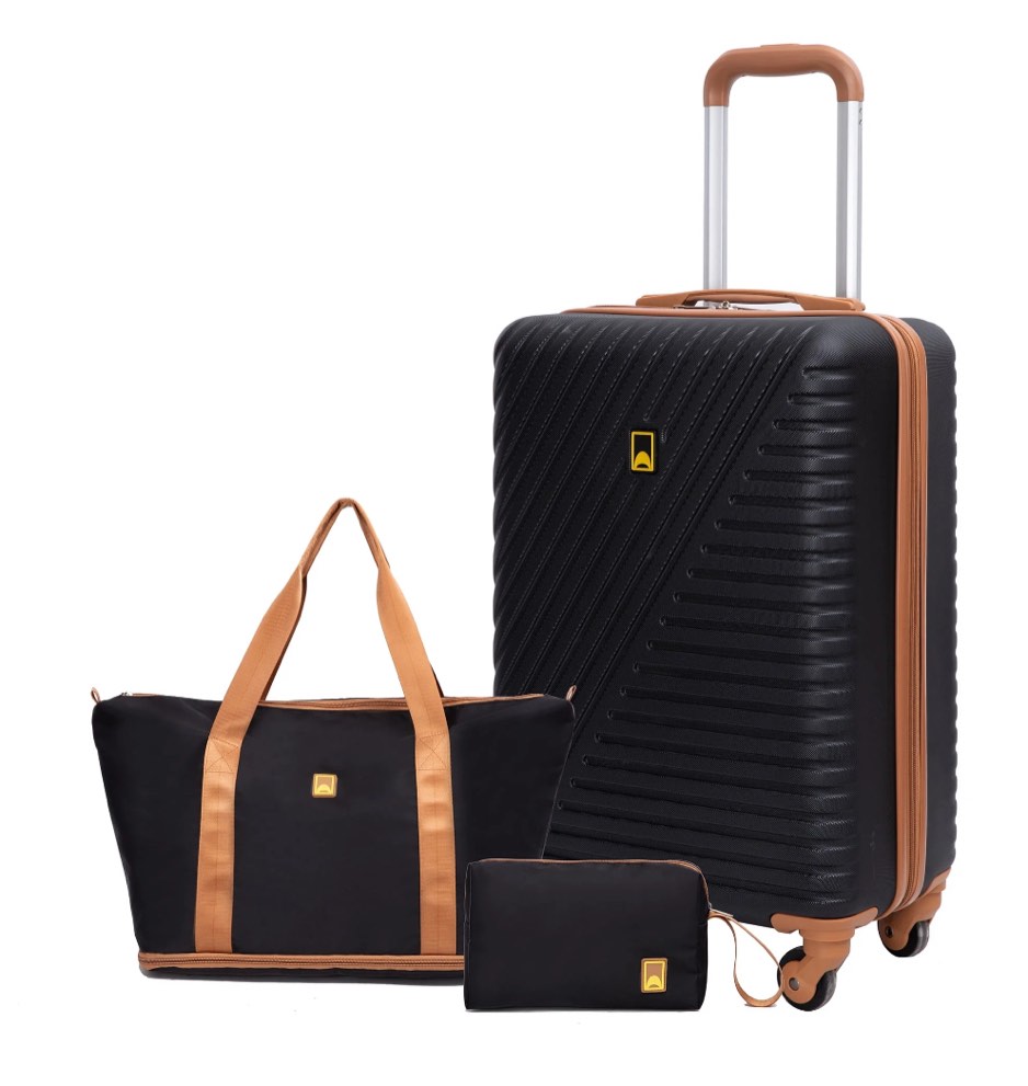 Landisun 3 Piece Carry-on Luggage Sets, Hardside Suitcase Set with Spinner Wheels, Portable Travel Bag and Toiletry Bag, Black