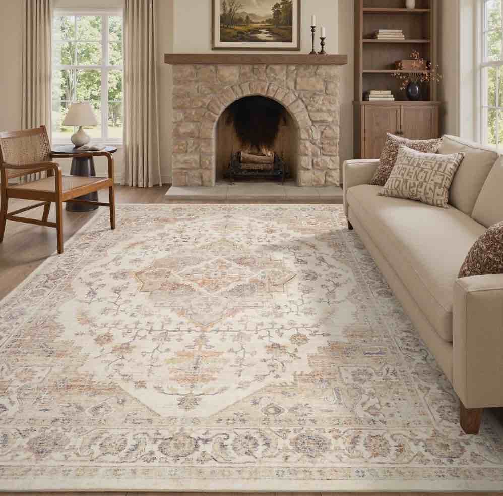 FEELHOME 9'x12' Area Rug Washable Carpet Soft Distressed Non Slip Vintage Rugs for Living Room Bedroom Kitchen Taupe