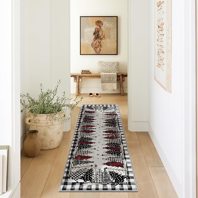 Artoid Mode Watercolor Red Buffalo Plaid Xmas Tree Merry Christmas Runner Rug, Winter Home Decor Low