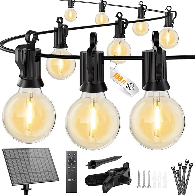 Brightown 58FT Solar String Lights Outdoor with Remote Cable Ties and Hooks, Commercial Grade Patio