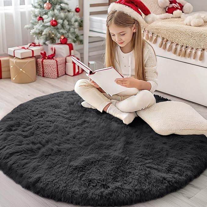 OLANLY Black Round Rugs for Bedroom - Machine Washable, 4 ft Circle Area Rugs for Living Room, Soft 