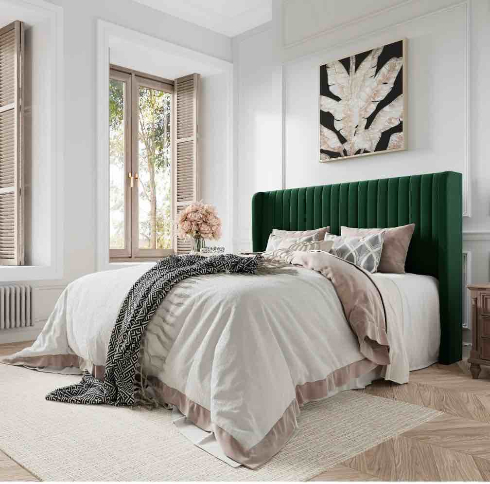 Amolife Queen Size Velvet Upholstered Bed with Wingback Headboard, Green