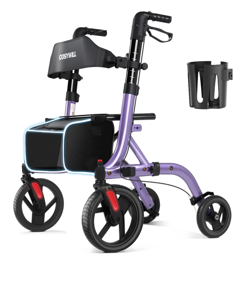 COSYWILL Walker with Seat,Foldable Rollator Walker,10" Wheels,Height Adjustable,Removable Back Support, 300 lbs,Purple