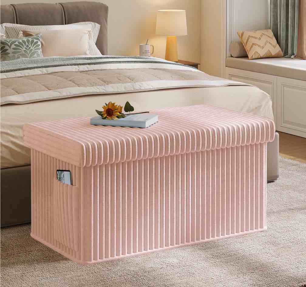 Pinmoco 30" Folding Storage Ottoman Bench with Side Pocket, Corduroy Storage Bench Footrest for Entryway Living Room, Pink