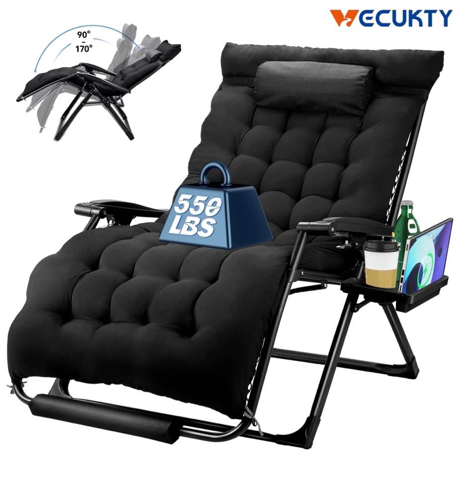 VECUKTY XXL Zero Gravity Chair Lounge Chair, 550lb Capacity 33-Inch Padded, Folding Outdoor Recliner for Patio, Lawn, Indoor, Black