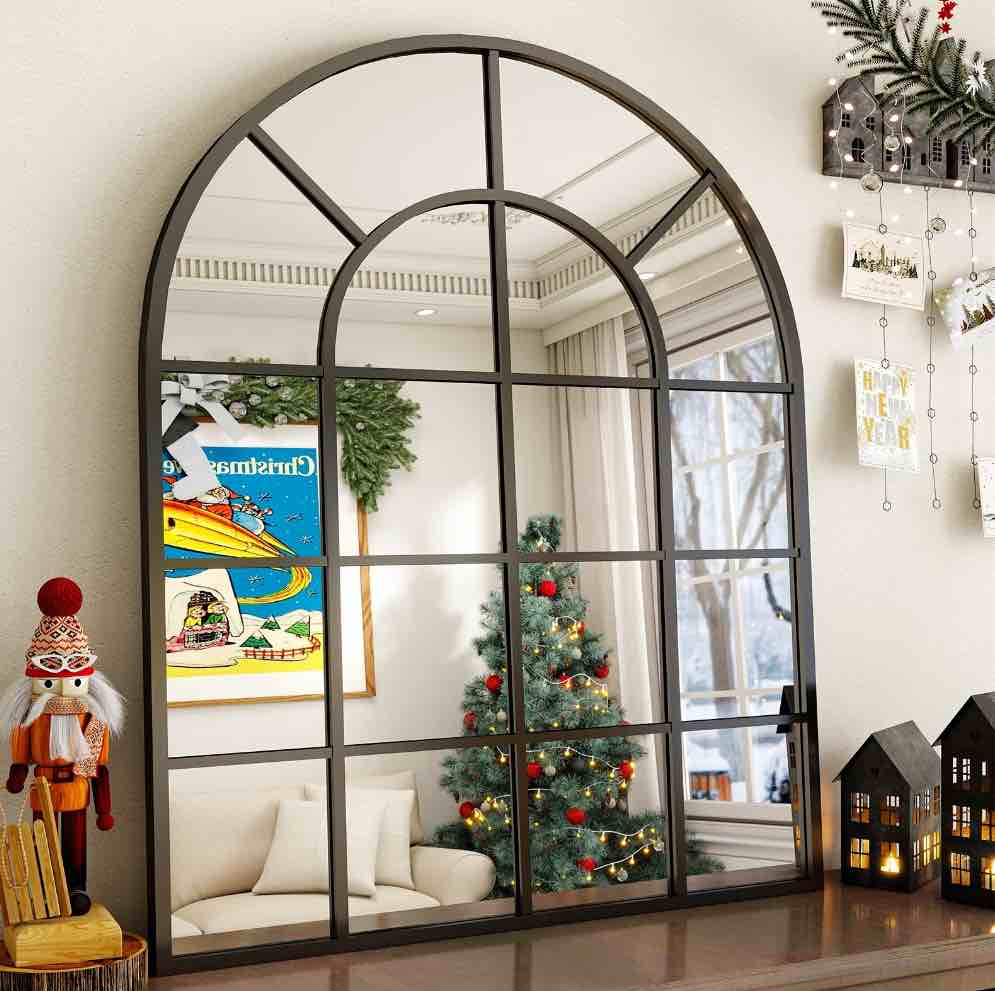 BEAUTYPEAK 40" x 30" Arched Windowpane Mirror Decor Wall Mirror, Black