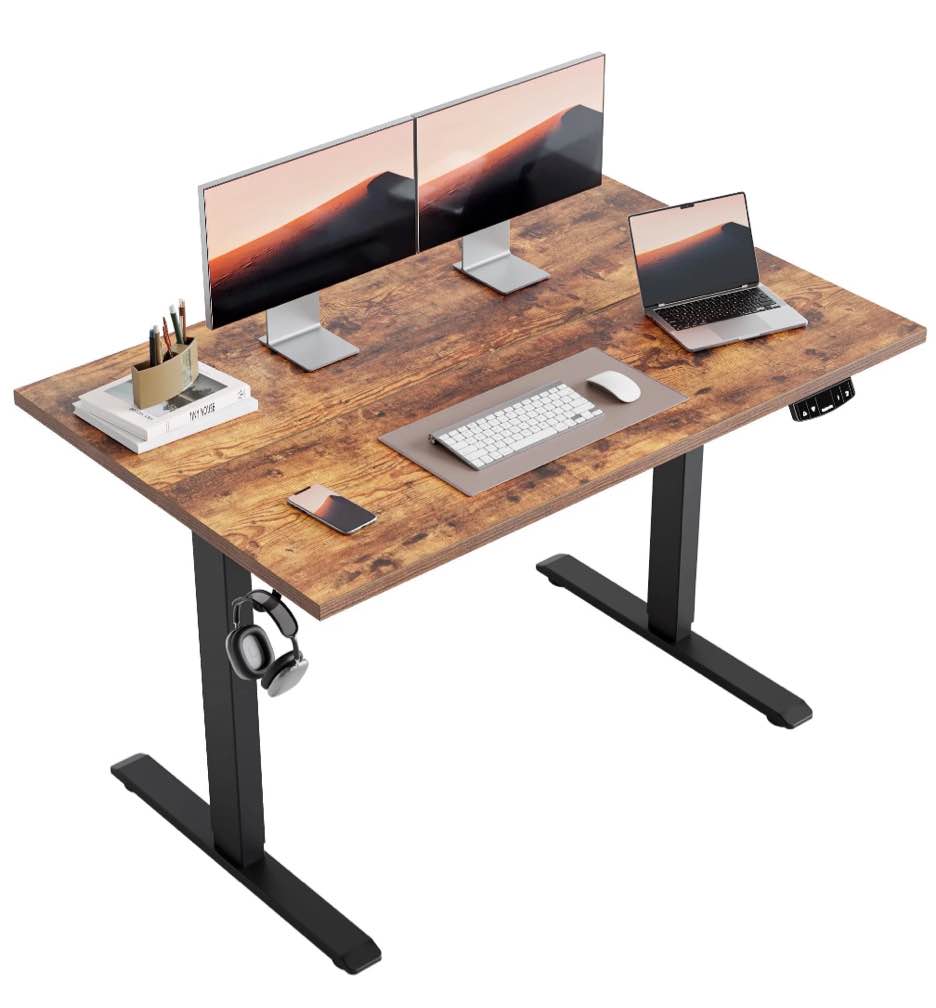 47.2 Inch Electric Height Adjustable Standing Desk, Ergonomic Home Office Desk with Memory Preset, Sit to Stand Computer Desk with Hooks, Rustic Brown