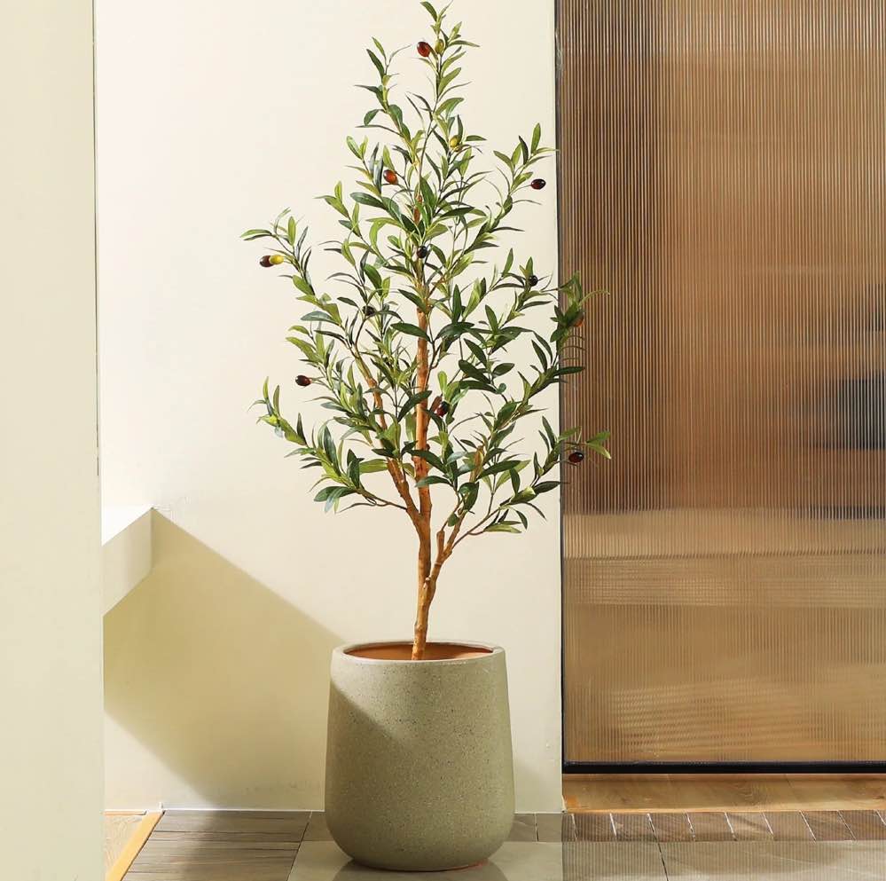 DR.Planzen 4ft Artificial Olive Tree Indoor, Faux Olive Tree, Artificial Plants with Natural Wood Trunk and Lifelike Fruits for Home Office Decor