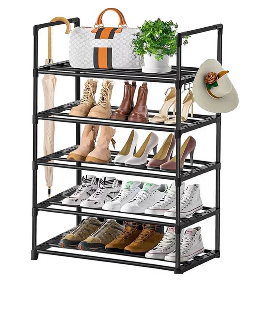 5 Tiers Shoe Rack with Hook, Stackable Shoe Organizer Storage for Shoe and Boot, Shoe Shelf for Closet, Entryway, Dorm, Garage