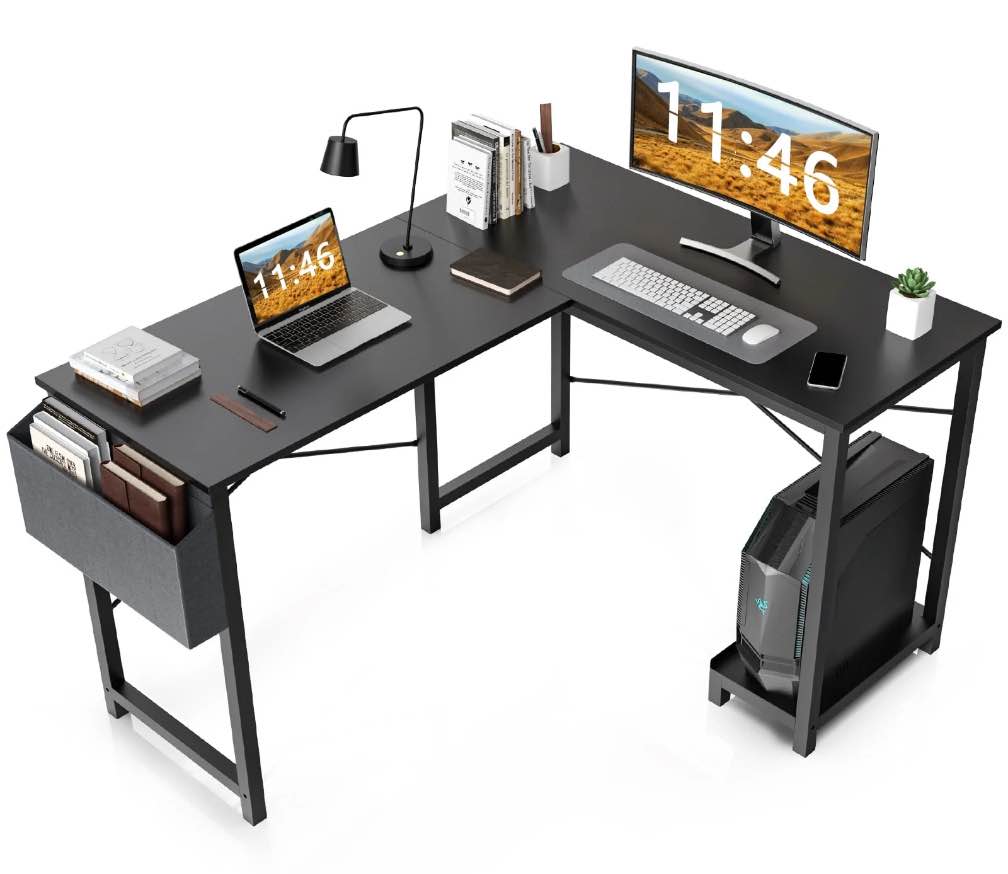 CONCETTA L Shaped Computer Desk with Wooden Desktop CPU Stand Side Bag Reversible, White