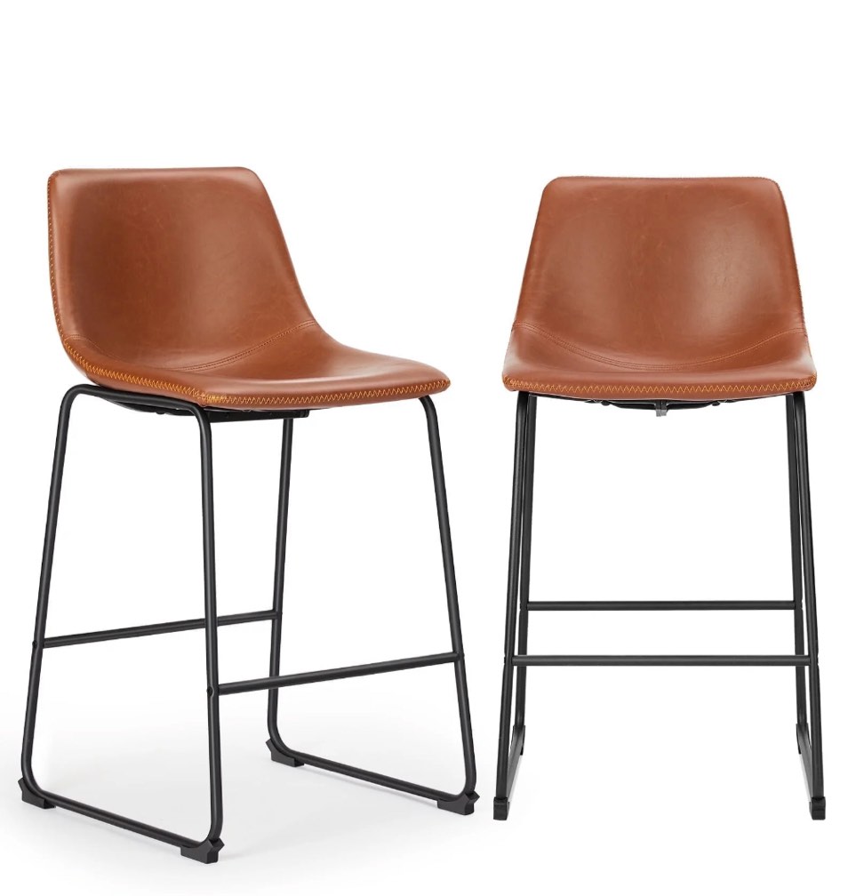 EDX Counter Height Bar Stools Set of 2 With Back and Footrest, Metal Frame, 26 inch, Brown