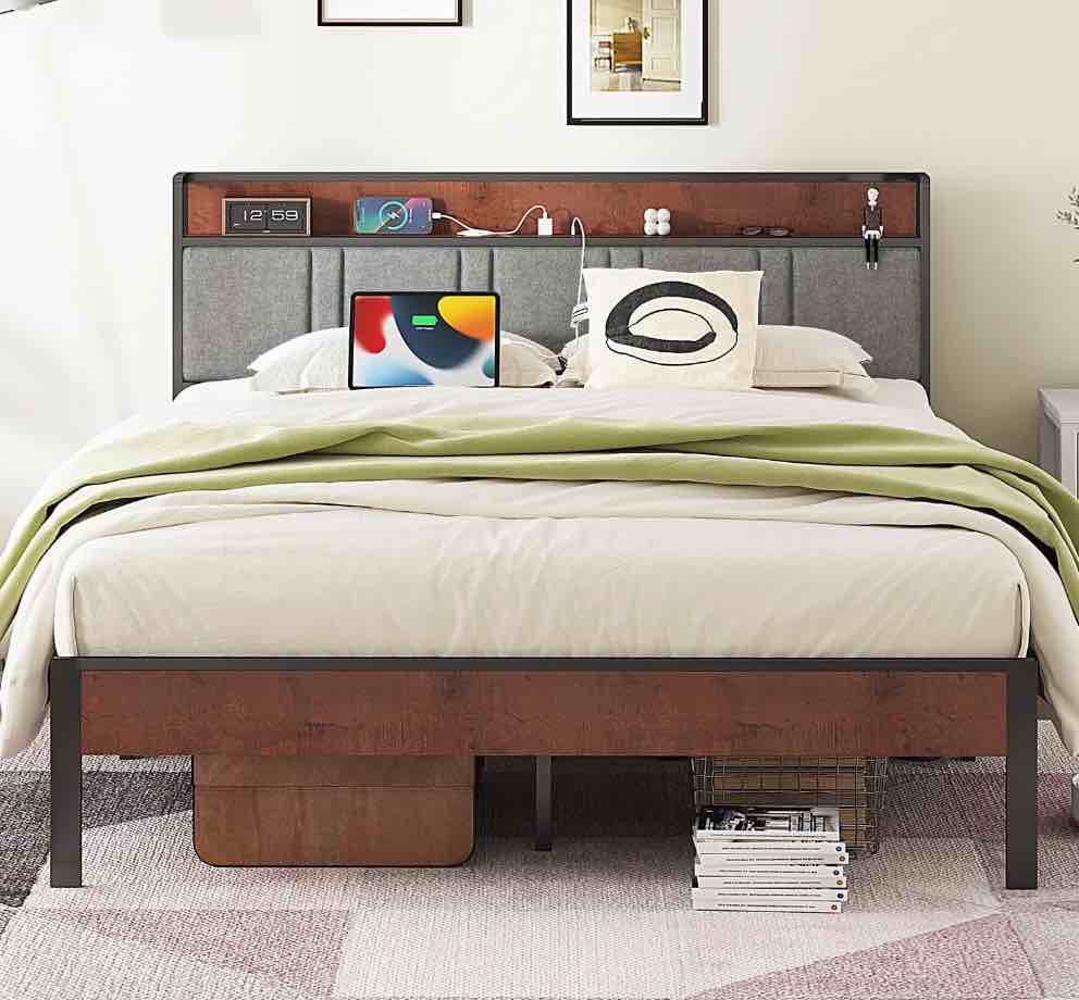 NISIEN King Size Bed Frame, Platform Bed with Charging Station and Storage Upholstered Headboard, Gray