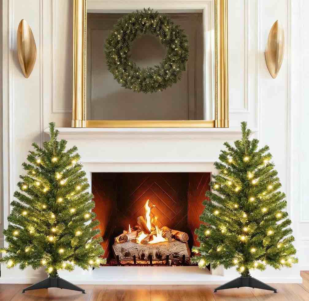 2 Pack 3 FT Pre-Lit Christmas Tree w/ 70 Lights 163 Tips, Hinged Artificial Holiday Xmas Christmas Decoration, Green