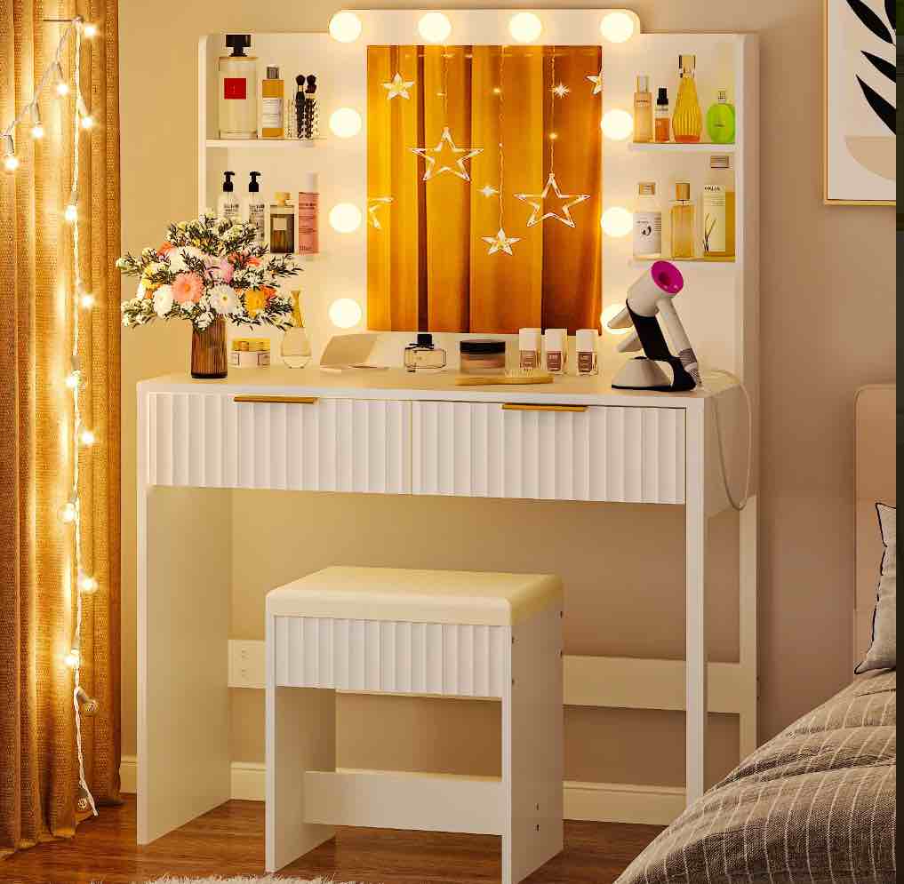 Ktaxon Lighted Makeup Vanity, White Vanity Table Set with 2 Drawer and Charging Station, Femal Gift