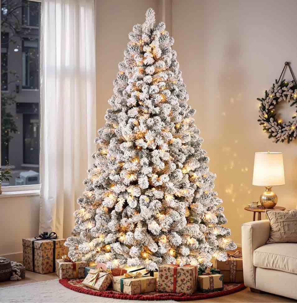 Alupssuc 6.5ft Prelit Snow Flocked Artificial Holiday Christmas Tree w/ Warm White Lights, Foldable Stand, Full Snow Branch Tips