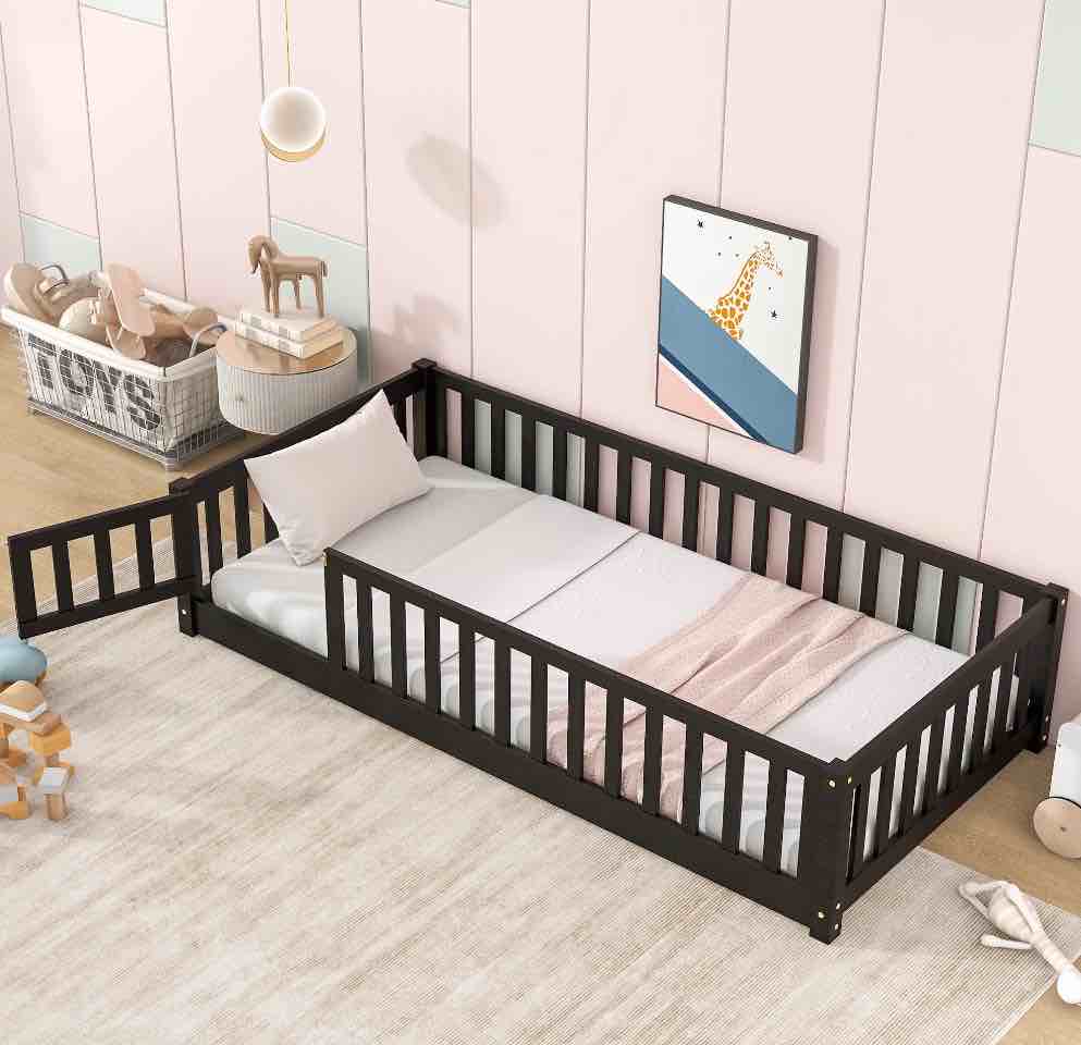 PAPROOS Twin Size Floor Bed, Solid Wood Toddler Bed with Slat, Fence Guardrail and Door, No Box Spring Needed, Montessori Bed, Twin Bed for Kids, Boys, Girls, Espresso