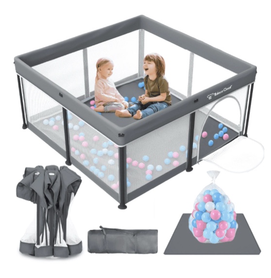 Foldable Baby Playpen with Mat, Collapsible Play Pen for Babies and Toddlers, Indoor & Outdoor Kids Safety Play Pen, Portable Play Yard with 50 Ocean Balls, 50"×50", Gray