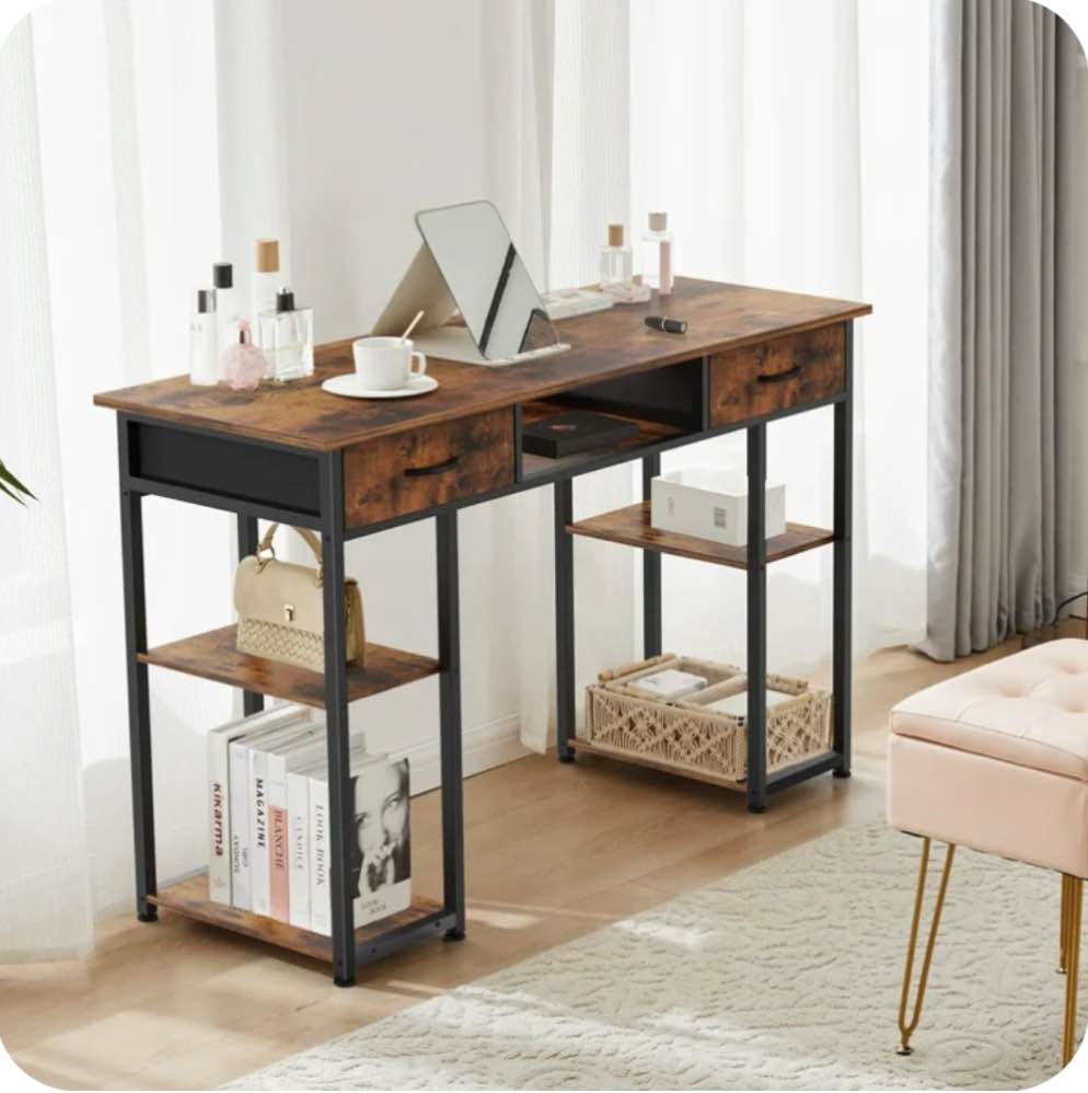 edx Small Desk Fabric Drawers & Storage Shelves, Home Office Computer Desk, Writing Desk Small Space Desk Study Table for Home, Bedroom, 48 Inch, Brown Rust