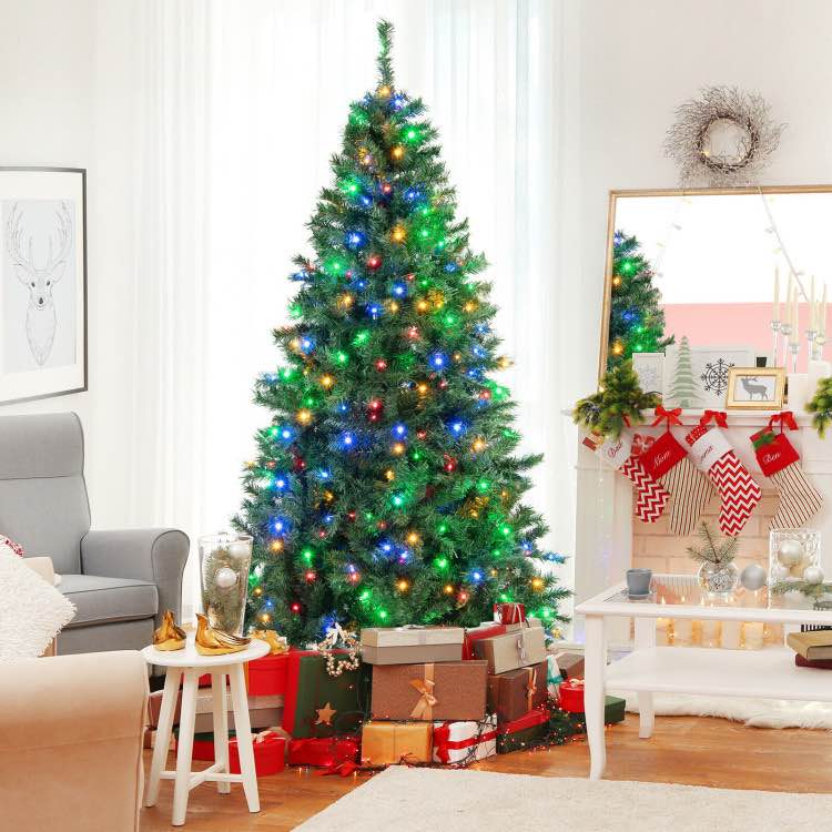 7 Feet Artificial Christmas Tree Pre-Lit, 3-Minute Quick Shape