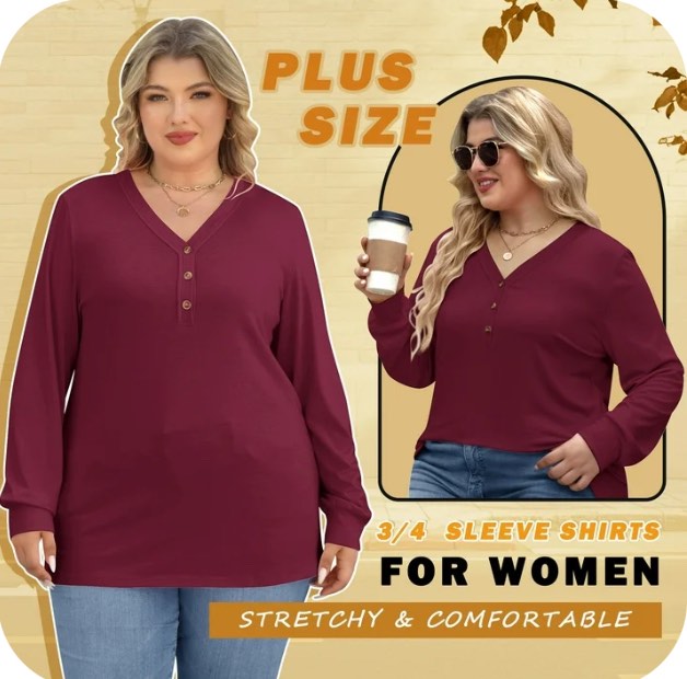 Women Long Sleeve Tops Plus Button V Neck Fall Tshirts Comfort Lightweight Tee Elegant Wine Red Tunic Blouses Size 3XL