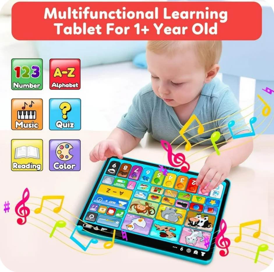 Adofi Trilingual Learning Toys for Toddlers 1-3 Years, Learning Tablet with Music and Lights, Montessori Speech Therapy Toys, STEM Toddler Toys Age 1-3 Gifts, Musical Baby Toys for 1 Year Old 