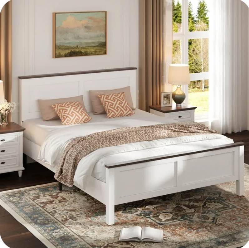 UHOMEPRO Full Size Bed Frame, Wooden Platform Bed with Headboard and Footboard, Strong Wood Slats Support, Farmhouse Style Full Bed Frame, No Box Spring Needed, White
