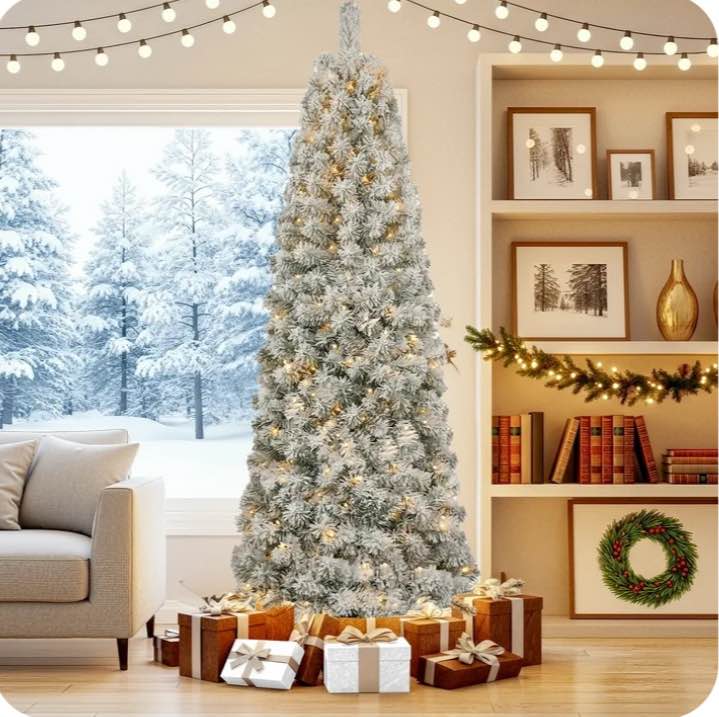 JUSTLET 7.5FT Pre-Lit Snow Flocked Pencil Christmas Tree Hinged Slim Corner Tree with 250 Warm LED Lights & 900 Snow Branch Tips, White