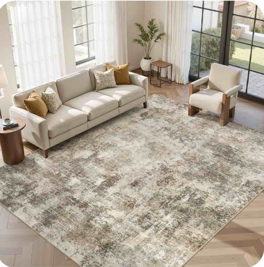 UERMEI 9x12 Washable Area Rugs for Living Room, Modern Abstract Printed Rug, Vacuum-Friendly, Non Slip Indoor Rug for Bedroom Dining Room Home Decor Carpet, Dark Brown