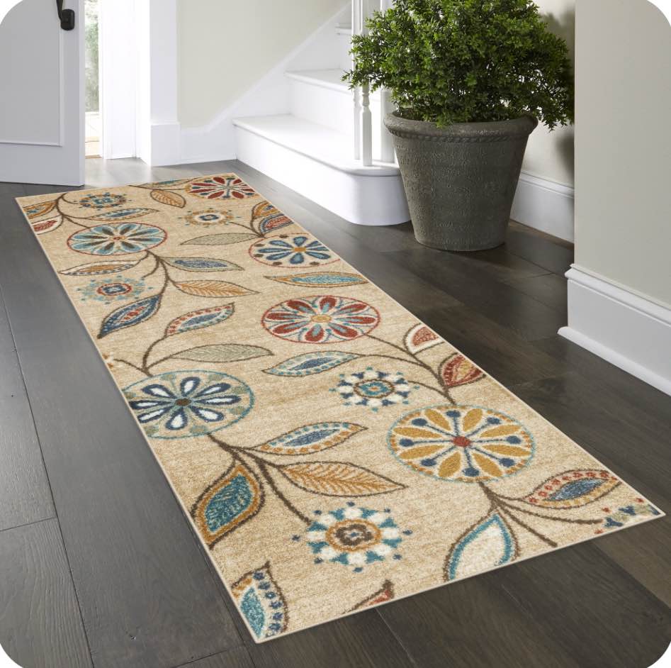 Maples Rugs Reggie Bohemian Floral Beige Non Slip Hallway Runner Rug, 2'6 x 8'