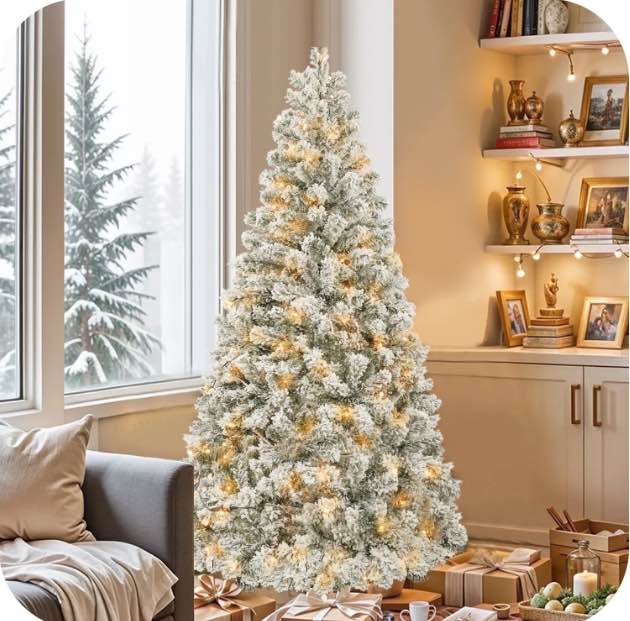 5FT Pre-Lit Hinged Christmas Tree Snow Flocked with 600 Tips 200 Lights