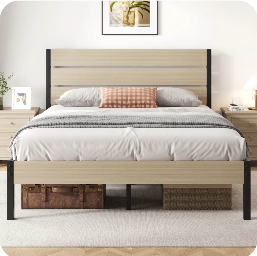 Fluest Queen Size Bed Frame with Headboard and Footboard,Metal Support,No Box Spring Needed, rustic wood color