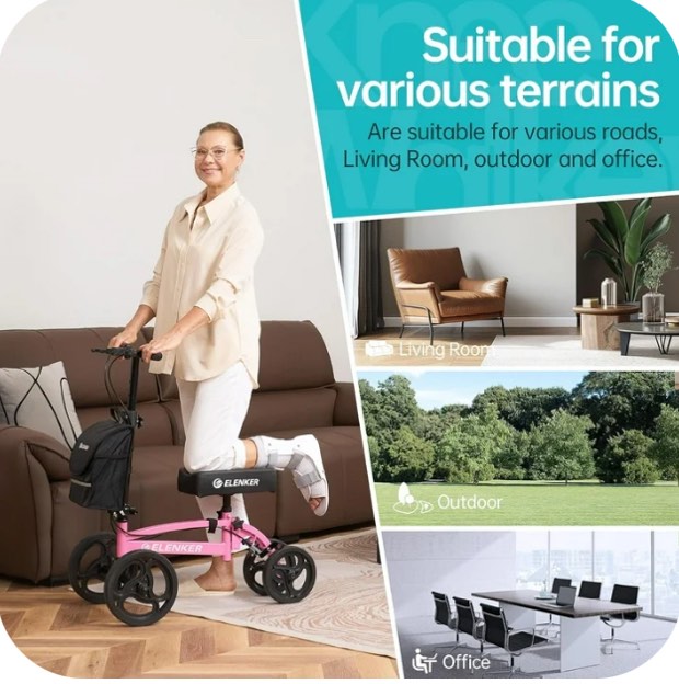 ELENKER Knee Scooter Steerable Mobility Knee Walker Crutch Alternative for Foot Injuries, Pink