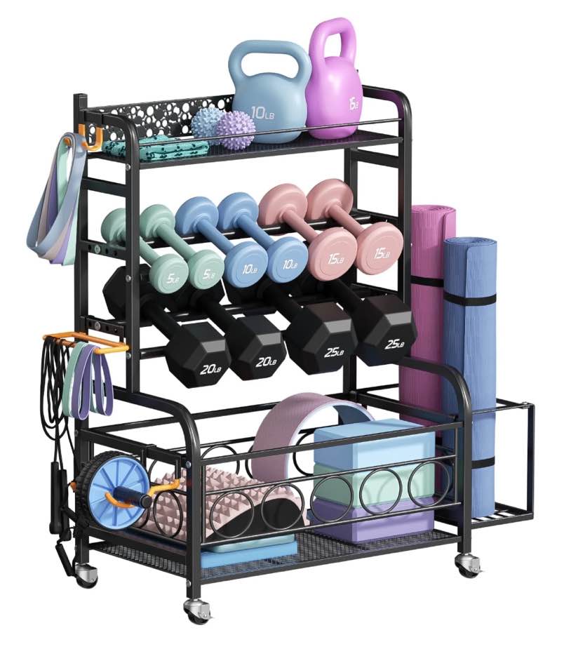 Flycity Dumbbell Rack, Weight Rack for Dumbbells, Home Gym Storage for Dumbbells Kettlebells Yoga Mat and Balls, Weight Storage Holder Rack with Wheels and Hooks