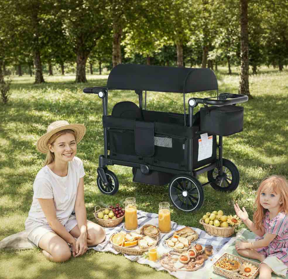 AILEEKISS Collapsible Wagon Stroller for 2 Toddlers with Adjustable Canopy, 44 Pounds, Black