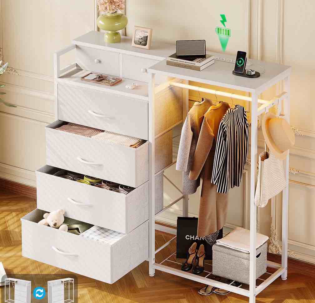 Dresser for Bedroom with Clothes Rack, 6 Drawers Dresser with Charging Station & LED Lights, White Storage Chest of Shelf for Bedroom, White