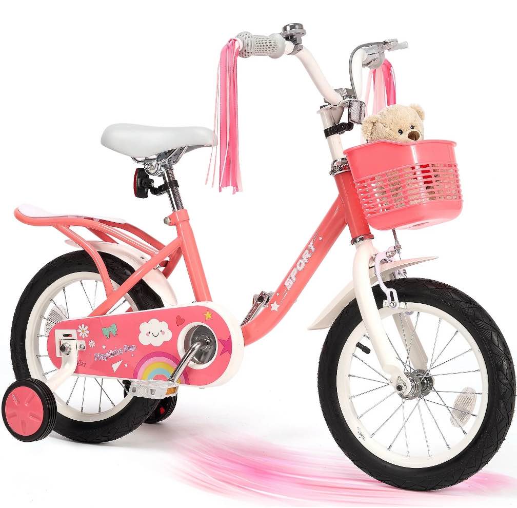 naipo 14inch kids bike for 3 -8 years girls boys with handbrake 14" children princess bicycle with training wheels basket streamer toddler cycle bikes pink