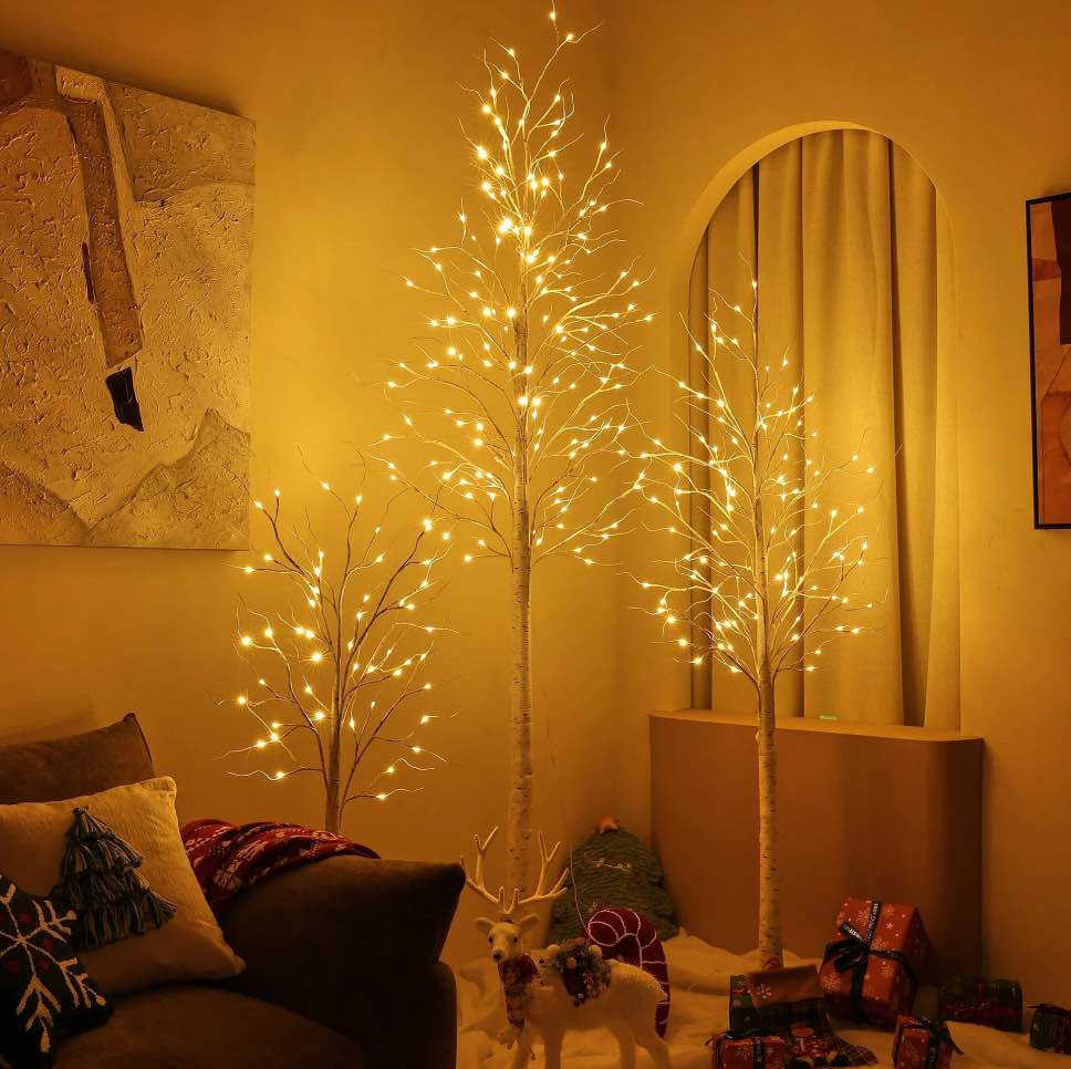 LED Birch Tree Light Set - 4ft, 6ft, 8ft Artificial Pre-lit Trees - with Plug-in Warm Lights - Indoor Outdoor Christmas Holiday Wedding Decor for Home Party (3-Pack)
