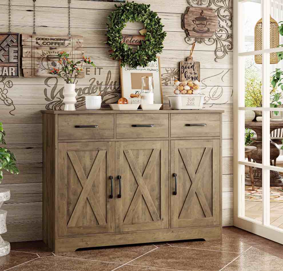 Homfa 42.5’’ Kitchen Buffet Sideboard Cabinet, 3 Drawers Farmhouse Storage Cabinet with Adjustable Shelf, Rustic Brown