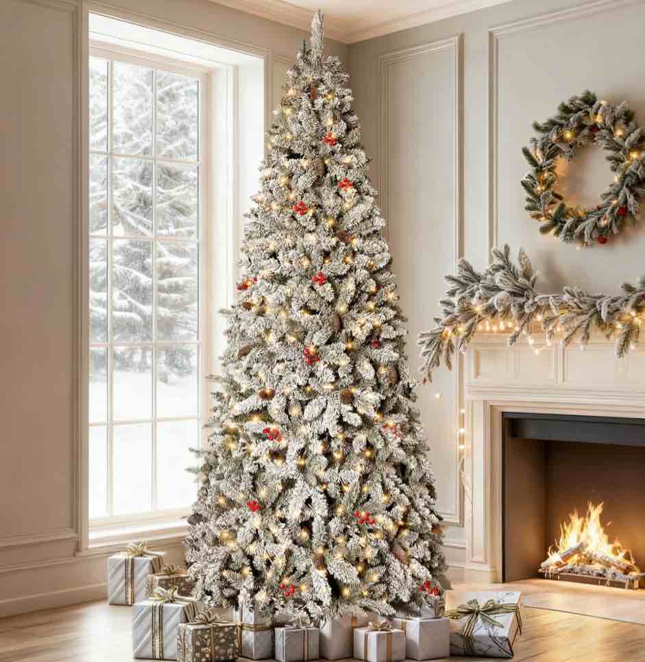 GVDV 7.5ft Pre-Lit Snow Flocked Christmas Tree, Pencil Artificial Berry Christmas Tree with Pinecones, Red Berries, Warm White Lights, for Home, Office and Party Decor, Metal Hinges Easy Assembly