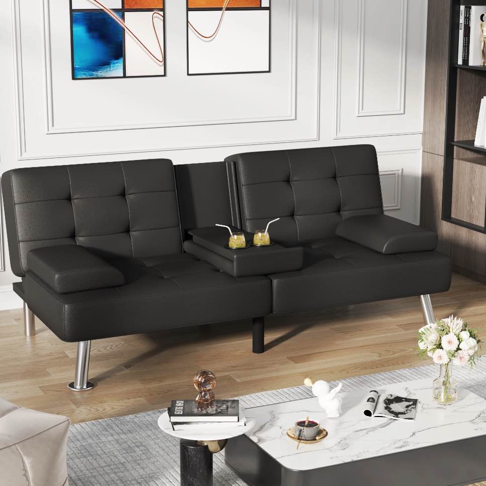 Homall Futon Sofa Bed Faux Leather Couch Modern Convertible Folding Recliner with 2 Cup Holders