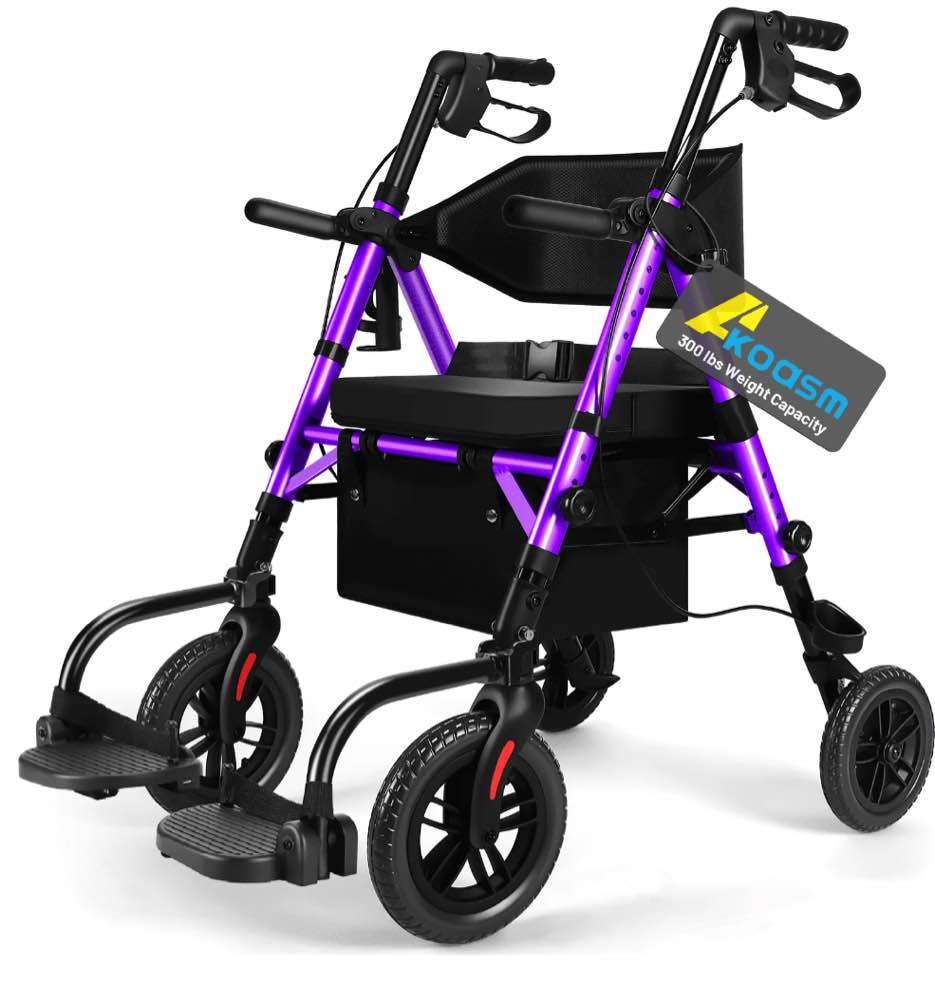 Foldable Rollator Walker for Seniors with Seat, Lightweight 2 In 1 Rolling Walkers Wheelchair Combo for Adult, Transport Chair with Brakes, Adjustable Seat and Handle, 300 Lb. Weight Capacity