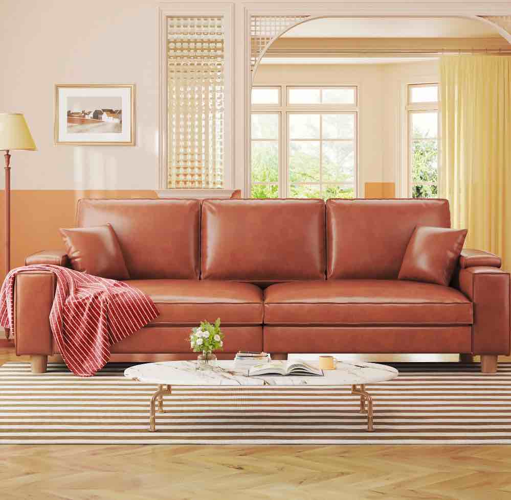 101" Large PU Leather Sofa Couch, Spring Cushion Modern Couch with 24" Extra Deep Seat, Wide Storage Armchair, Comfy Upholstered Oversized Loveseat (Includes 2 Pillows) for Living Room, Office, Brown